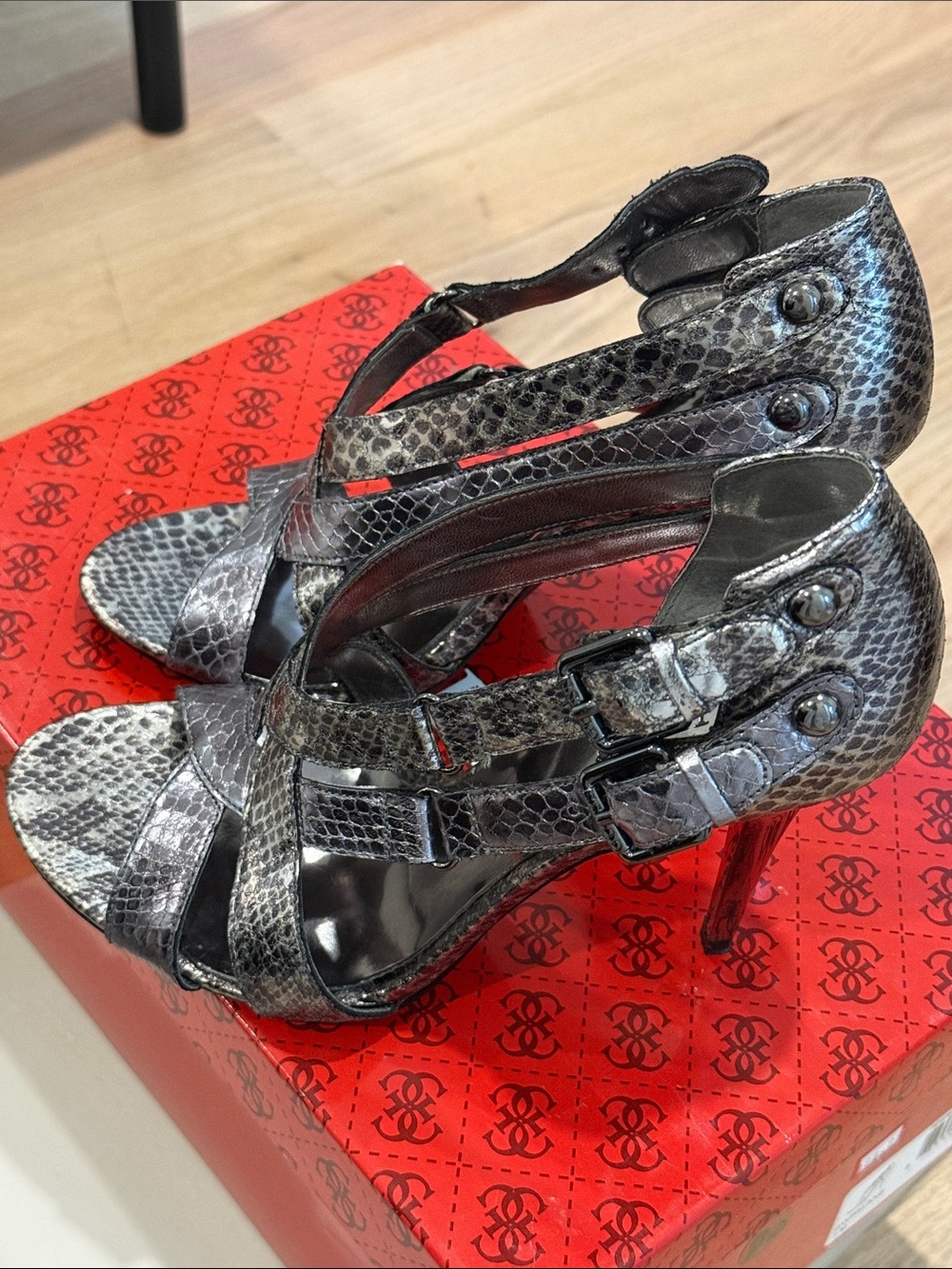 Guess Gray Snake-Print High Heel Sandals